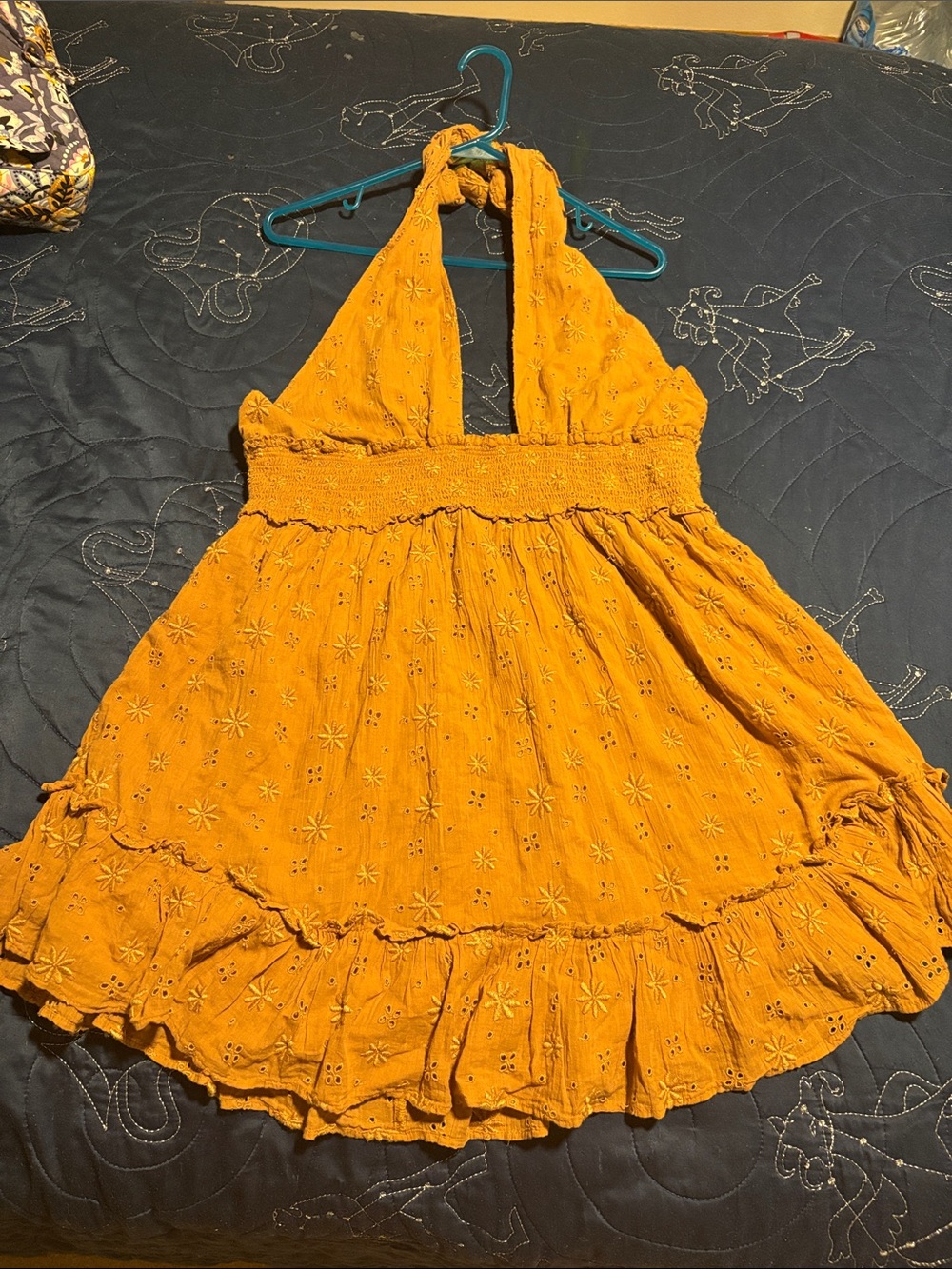 aerie women Mustard Halter Eyelet Dress